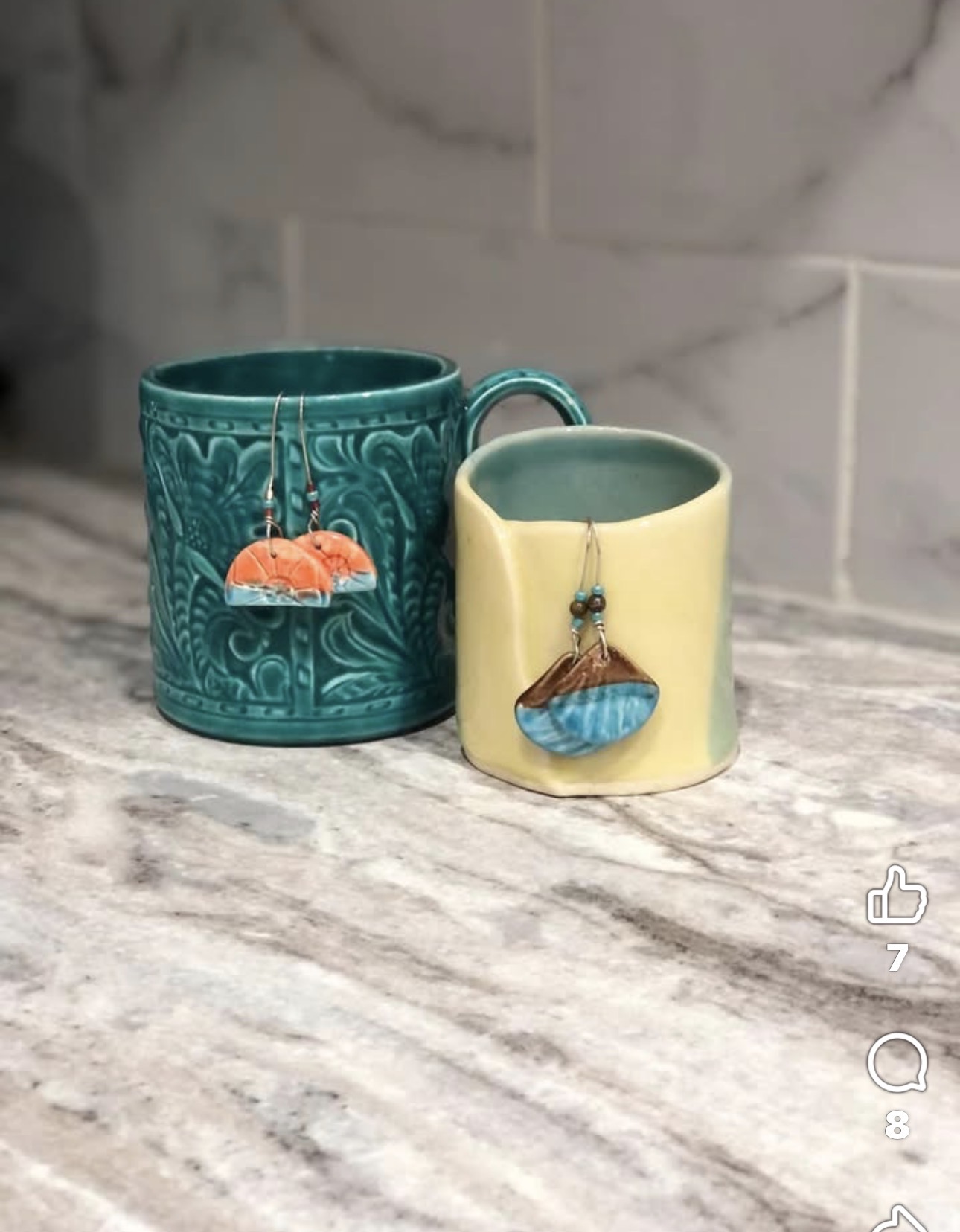 Teal and yellow mugs with ceramic earrings